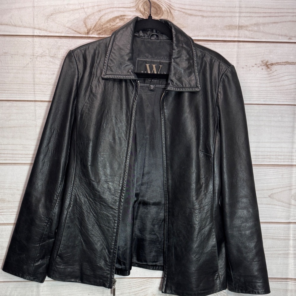 W New York by Winlit Black Genuine Leather Zip Front Jacket Womens Medium - Picture 1 of 9